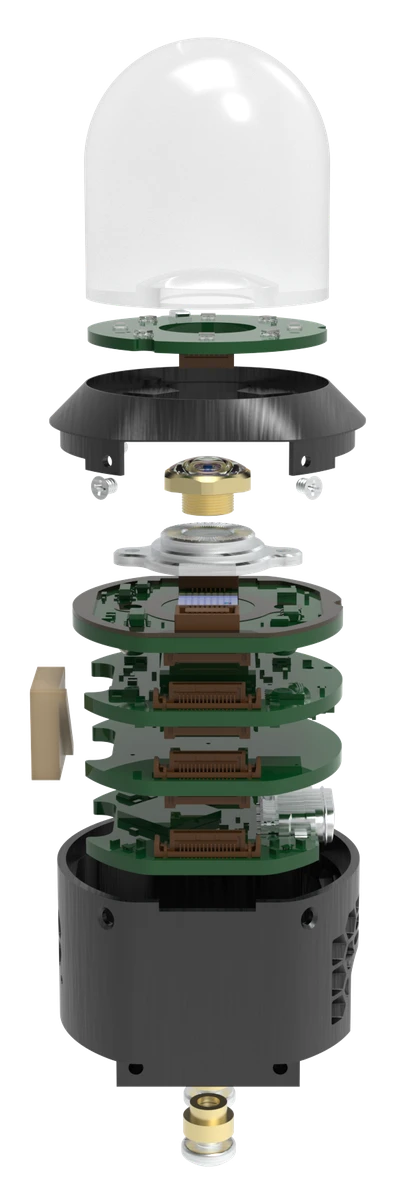 Exploded render of the Digit 360 fingertip sensor: a dome, a ring of lights, a lens and stacked boards in a housing